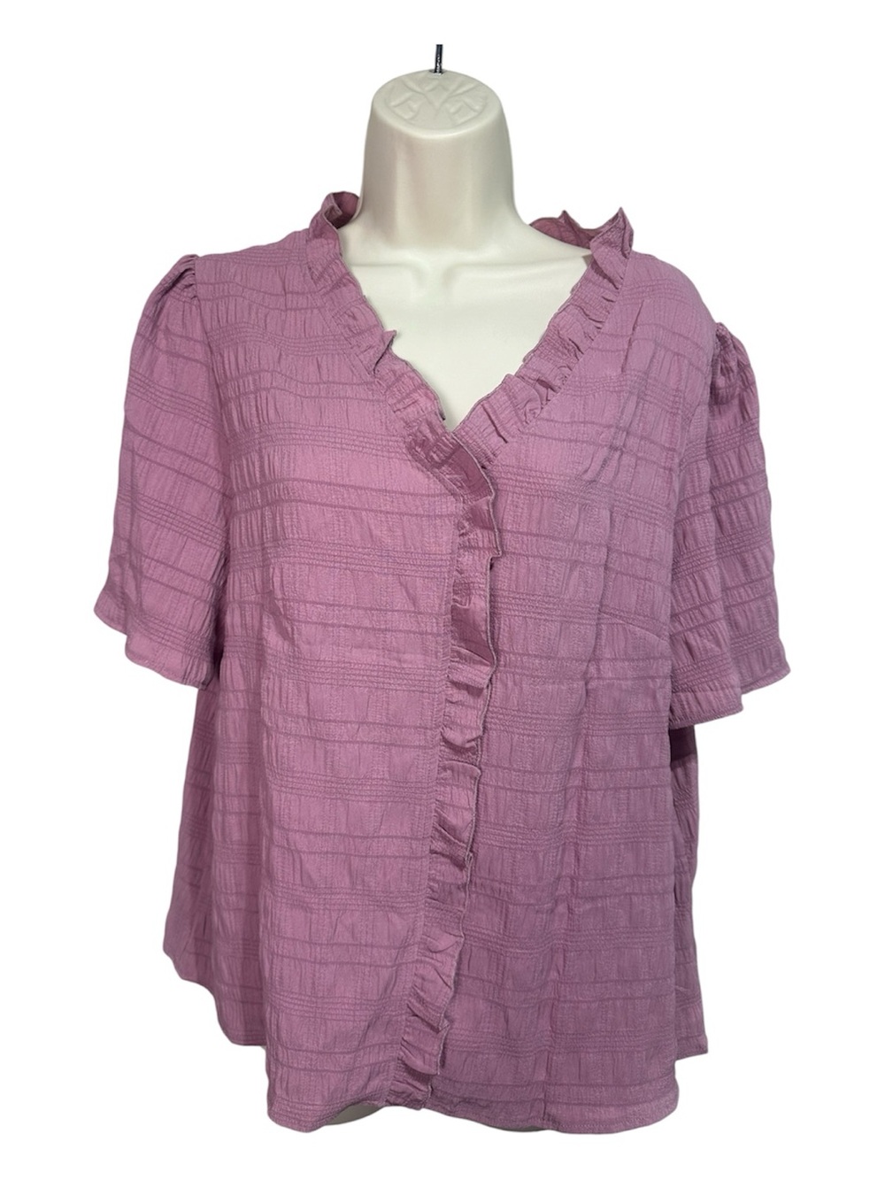 Ruffled V-Neck Short Sleeve Top - Mauve Pink